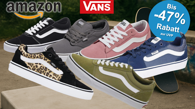 Vans Filmore und Doheny Sneaker vor Hintergrund mit Silhouette eines Skateboarders und Amazon Logo.
