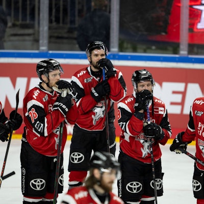 Die Spieler der Kölner Haie stehen nach dem Halbfinal-Aus enntäuscht auf dem Eis.