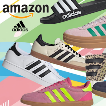 Verschiedene adidas Sneaker-Modelle in unterschiedlichen Farben vor einem bunten Hintergrund mit Muster.