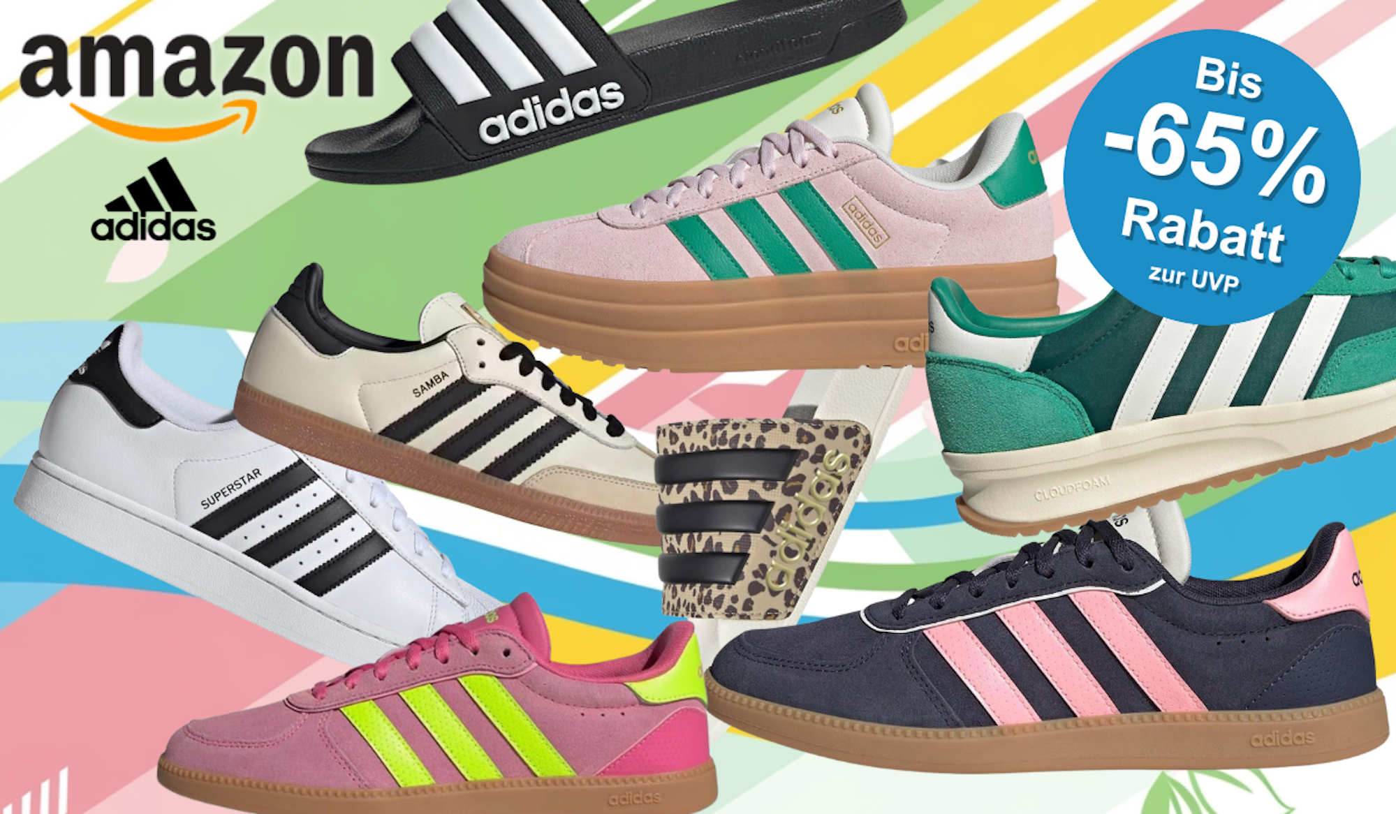 Verschiedene adidas Sneaker-Modelle in unterschiedlichen Farben vor einem bunten Hintergrund mit Muster.