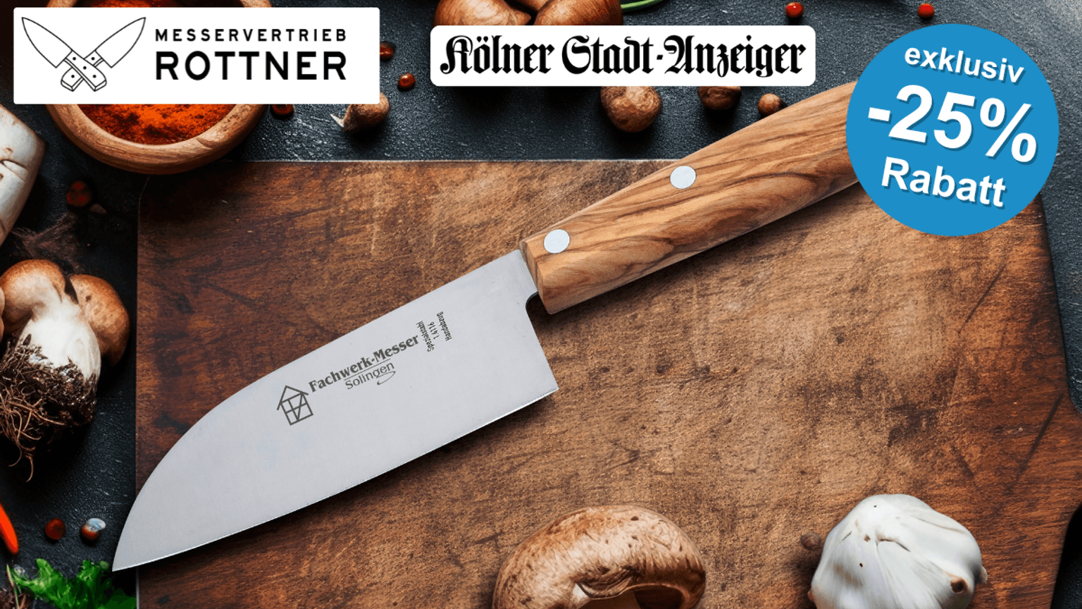 Das Fachwerk-Santoku-Messer auf einem Schneidebrett