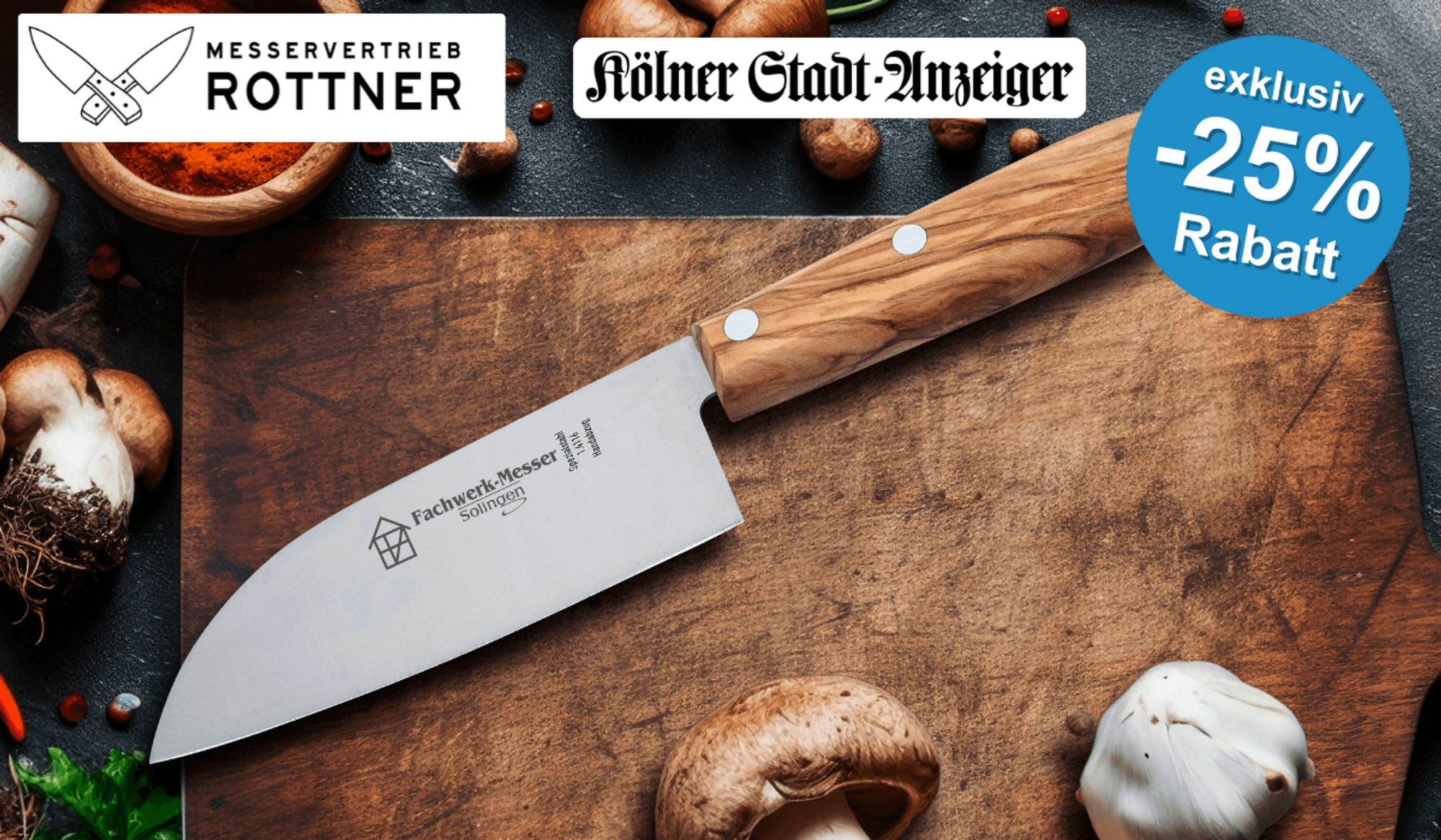 Das Fachwerk-Santoku-Messer auf einem Schneidebrett