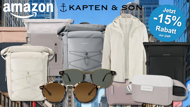 Verschiedene Kapten & Son Produktbilder vor einem Himmel in der Stadt abgebildet.