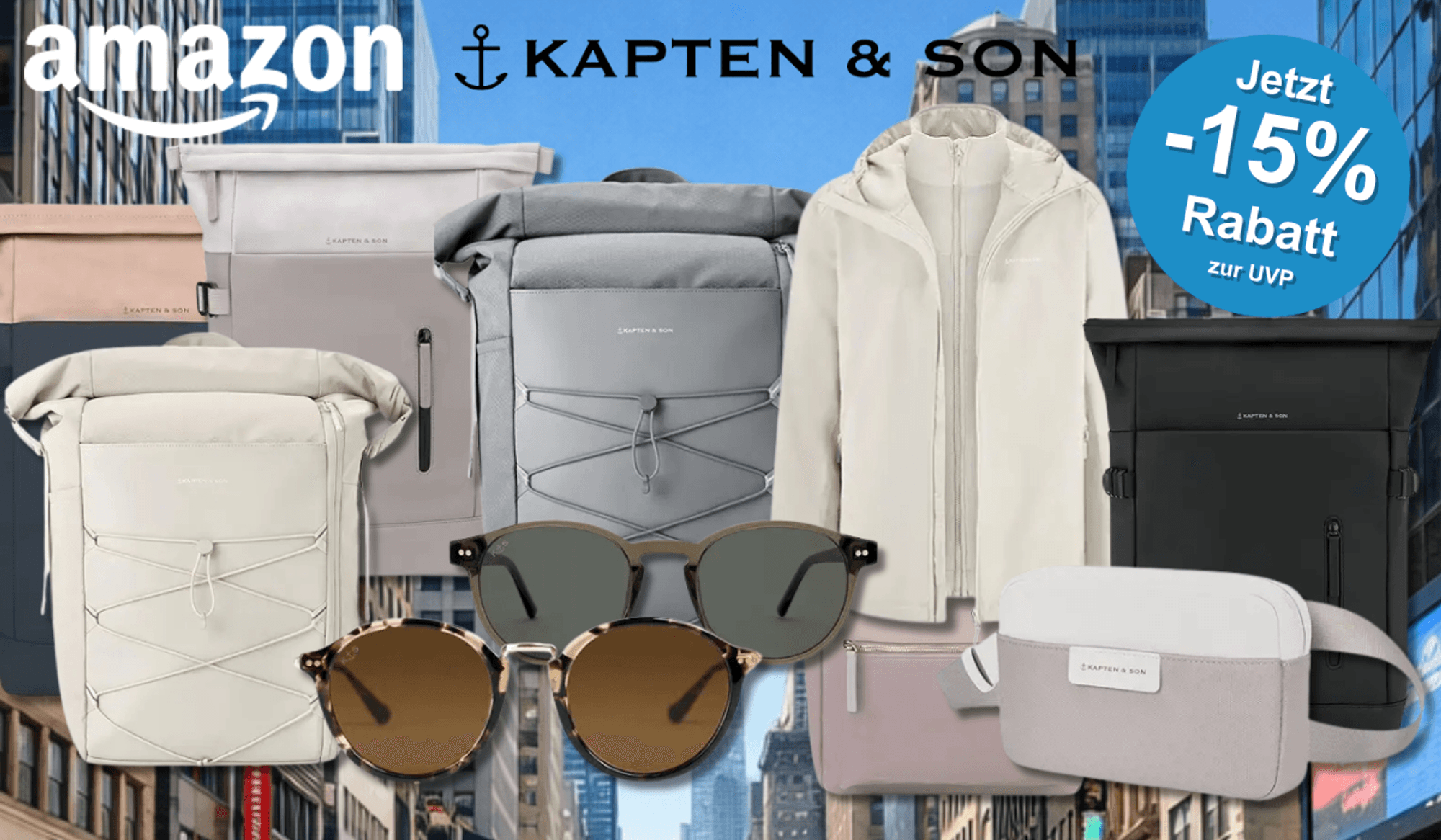 Verschiedene Kapten & Son Produktbilder vor einem Himmel in der Stadt abgebildet.