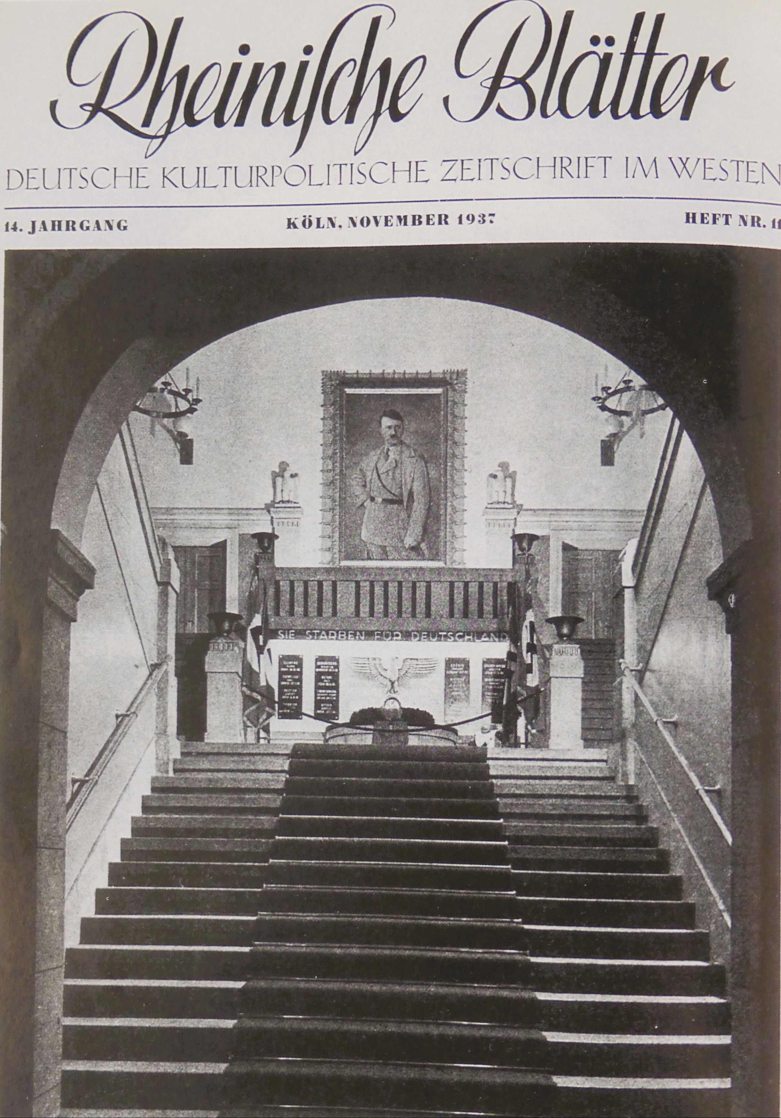Blick in das Treppenhaus der damaligen Gauleitung in der Südstadt: Unter dem Porträt Adolf Hitlers befand sich eine Gedenk- und Weihestätte für ums Leben gekommene Nationalsozialisten, die auch den Löwenbrunnen umfasste.