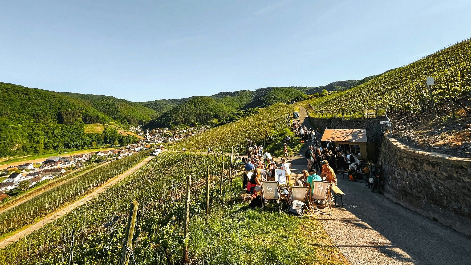 Menschen sitzen und trinken Wein an einem Stand beim Weinfrühling an der Mittelahr.