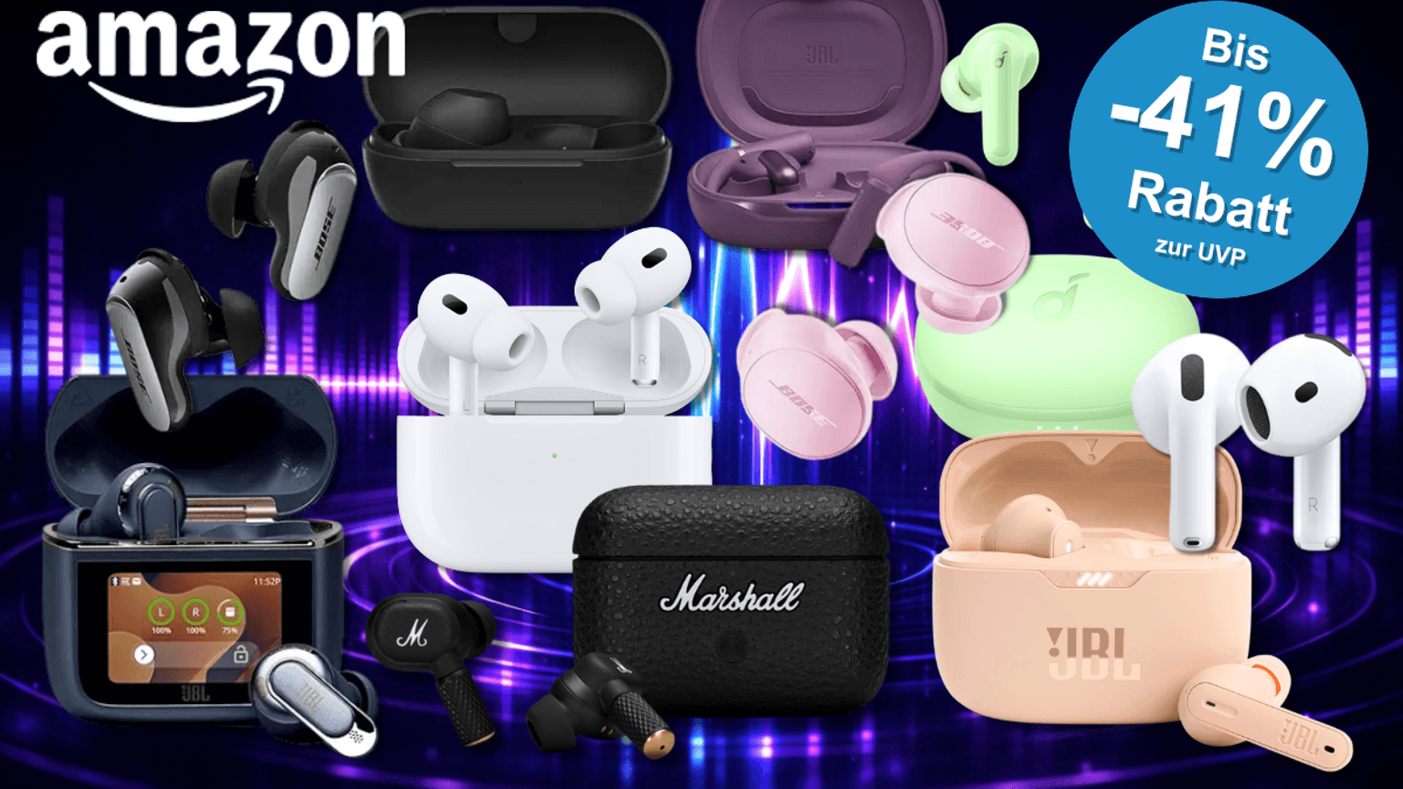 Eine Darstellung von verschiedenen In-Ear-Kopfhörern von Apple, Samsung, JBL, Marshall und Co. vor einem dunklen Hintergrund.