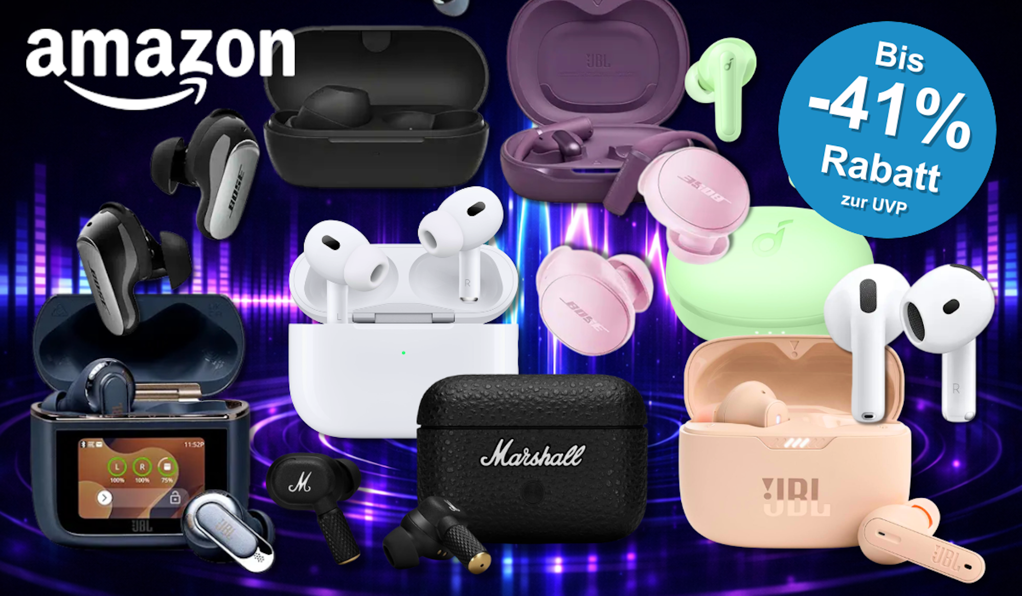 Eine Darstellung von verschiedenen In-Ear-Kopfhörern von Apple, Samsung, JBL, Marshall und Co. vor einem dunklen Hintergrund.