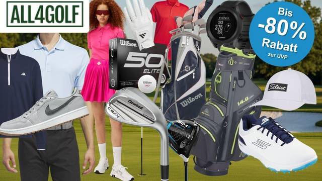 Collage des Online-Golffachhändlers All4Golf vor einem Golfplatz-Hintergrund. Zu sehen sind zwei Golfer in Sportbekleidung – ein Herr in hellblauem adidas-Polo und dunkler Hose, eine Dame in pinkem Outfit mit Rock – sowie eine Auswahl reduzierter Produkte: Wilson Fifty Elite Golfbälle, eine Wilson Golftasche, ein Cleveland CBX4 Wedge, ein TaylorMade SIM2 Driver, eine Garmin GPS-Uhr, Golfschuhe von Nike und Skechers, ein Golfhandschuh sowie eine Titleist Cap. Oben rechts ein blauer Button mit der Aufschrift: Bis -80 % Rabatt zur UVP.