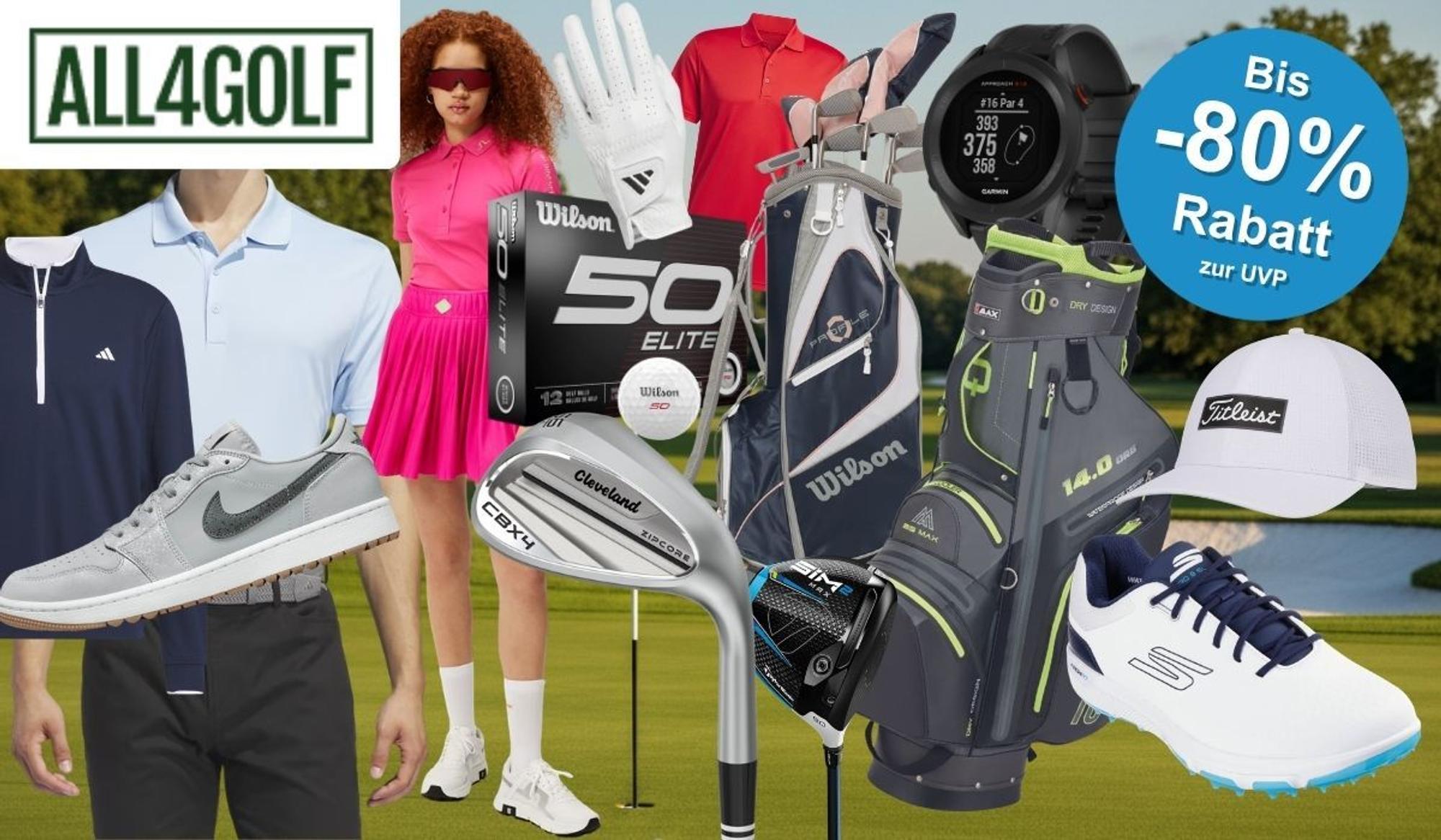 Collage des Online-Golffachhändlers All4Golf vor einem Golfplatz-Hintergrund. Zu sehen sind zwei Golfer in Sportbekleidung – ein Herr in hellblauem adidas-Polo und dunkler Hose, eine Dame in pinkem Outfit mit Rock – sowie eine Auswahl reduzierter Produkte: Wilson Fifty Elite Golfbälle, eine Wilson Golftasche, ein Cleveland CBX4 Wedge, ein TaylorMade SIM2 Driver, eine Garmin GPS-Uhr, Golfschuhe von Nike und Skechers, ein Golfhandschuh sowie eine Titleist Cap. Oben rechts ein blauer Button mit der Aufschrift: Bis -80 % Rabatt zur UVP.