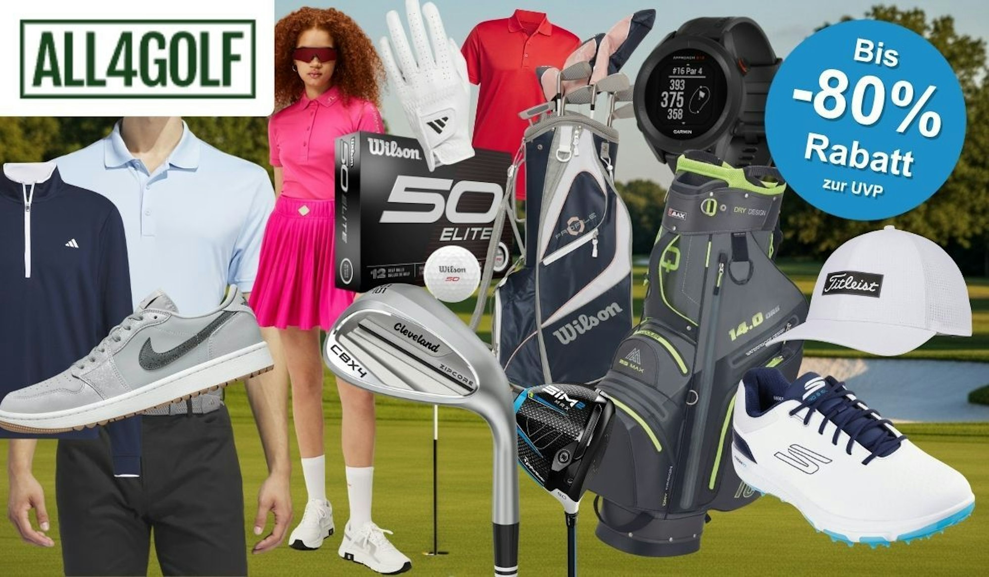 Collage des Online-Golffachhändlers All4Golf vor einem Golfplatz-Hintergrund. Zu sehen sind zwei Golfer in Sportbekleidung – ein Herr in hellblauem adidas-Polo und dunkler Hose, eine Dame in pinkem Outfit mit Rock – sowie eine Auswahl reduzierter Produkte: Wilson Fifty Elite Golfbälle, eine Wilson Golftasche, ein Cleveland CBX4 Wedge, ein TaylorMade SIM2 Driver, eine Garmin GPS-Uhr, Golfschuhe von Nike und Skechers, ein Golfhandschuh sowie eine Titleist Cap. Oben rechts ein blauer Button mit der Aufschrift: Bis -80 % Rabatt zur UVP.