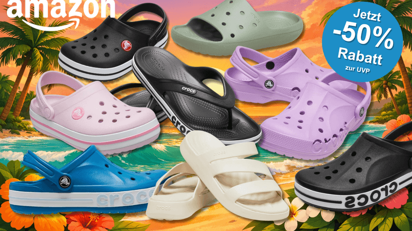 Darstellung verschiedener Crocs Modelle vor einem sommerlichen Hintergrund.