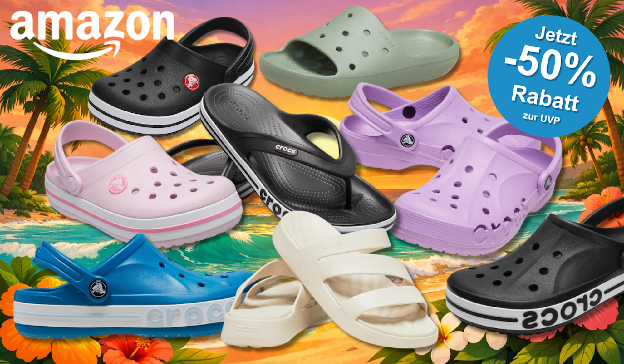 Darstellung verschiedener Crocs Modelle vor einem sommerlichen Hintergrund.