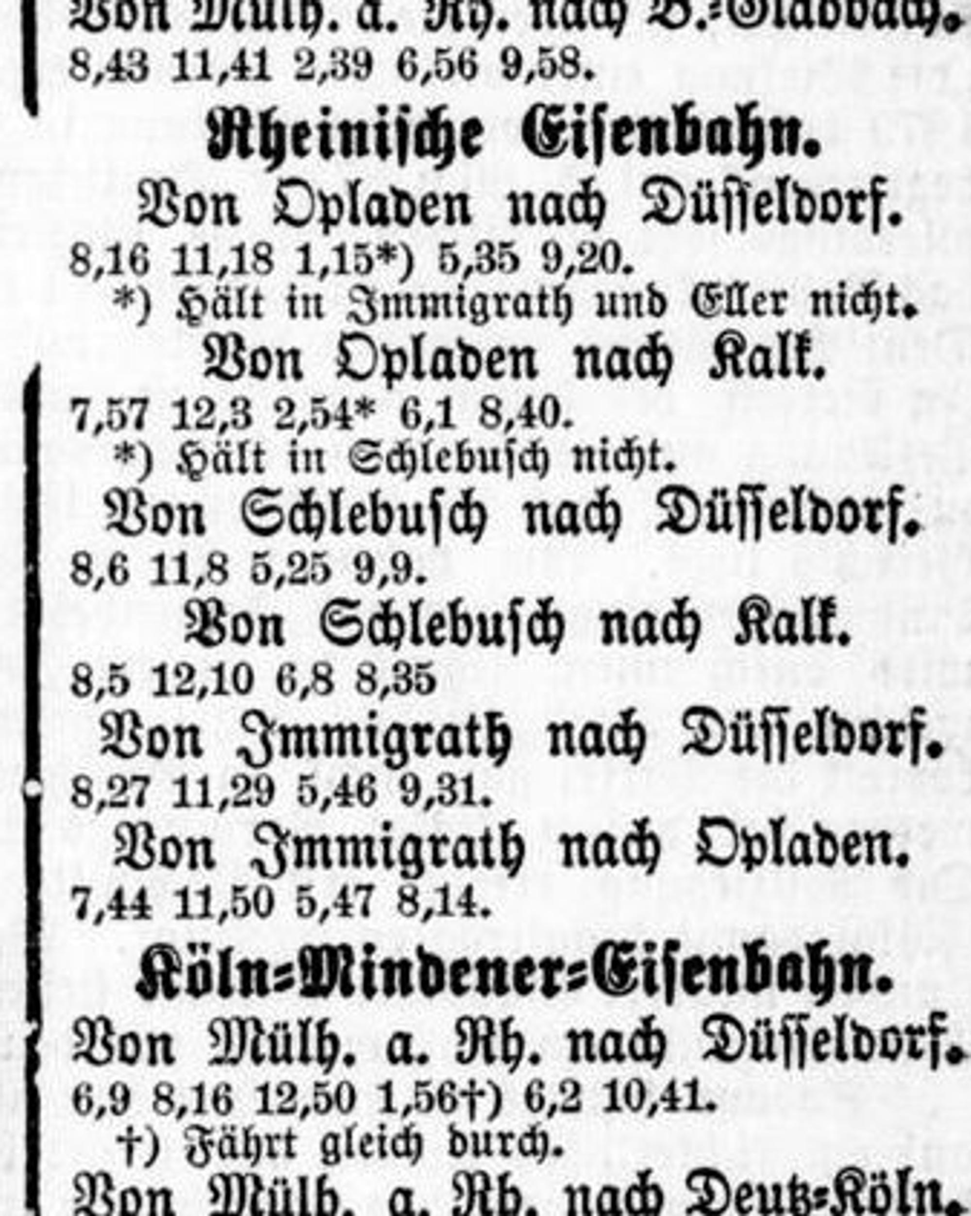 Ein Fahrplan mit den Abfahrtszeiten im Bahnhof Morsbroich, „Der Bote am Rhein und an der Nieder-Wupper“