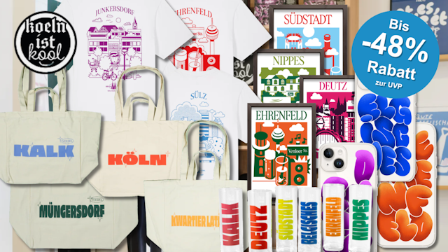 Eine Darstellung von verschiedenen Produkten aus der KoelnistKool Veedel Kollektion.