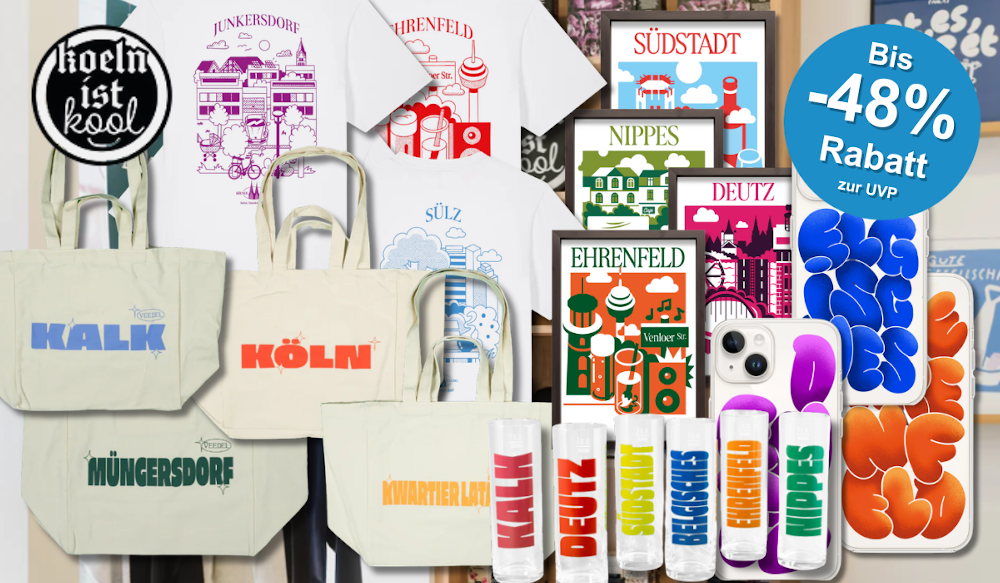 Eine Darstellung von verschiedenen Produkten aus der KoelnistKool Veedel Kollektion.