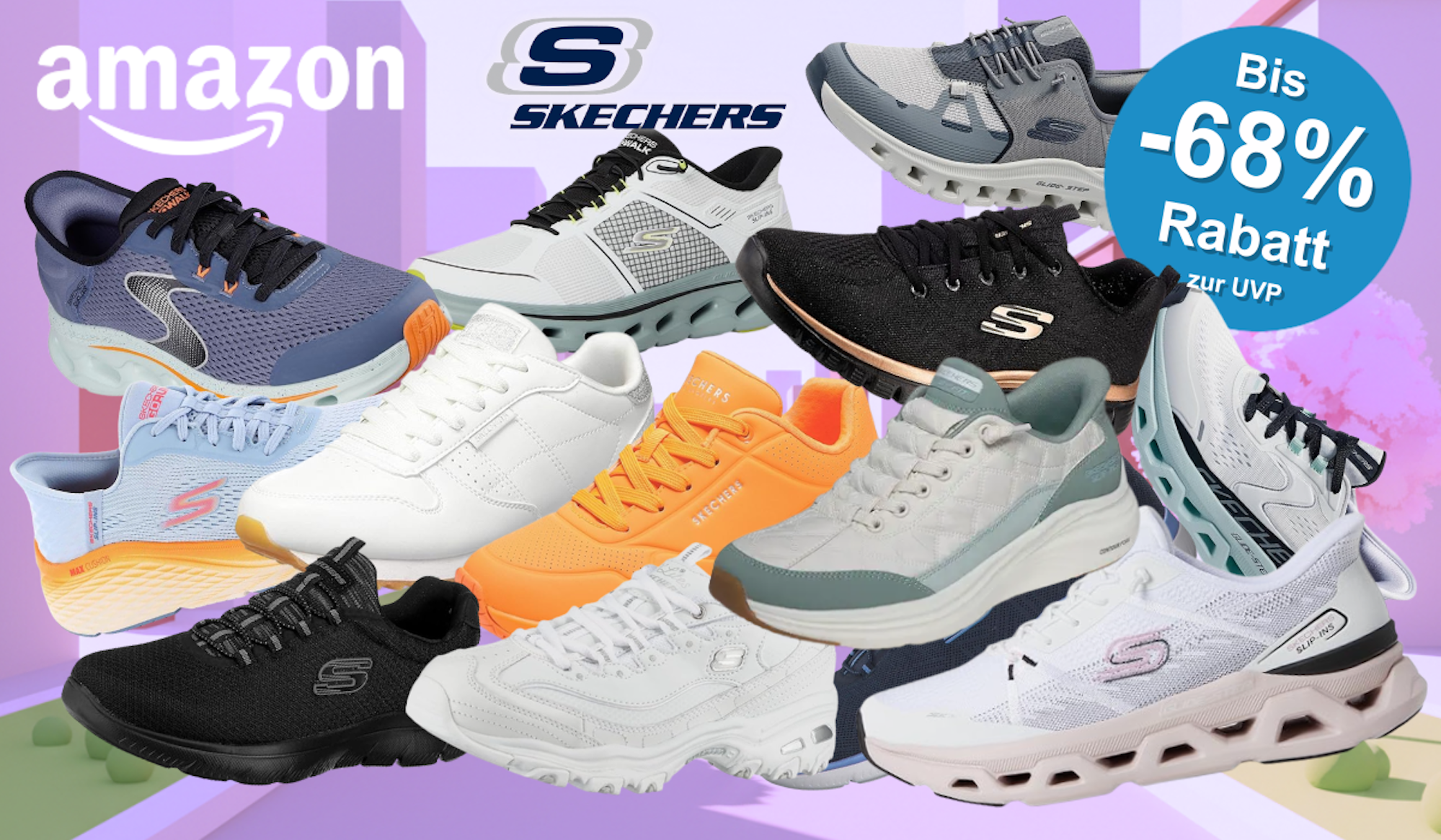 Auf dem Bild ist eine Collage diverser Skechers Sneaker zu sehen, die aktuell im Amazon Sale günstig zu erwerben sind.