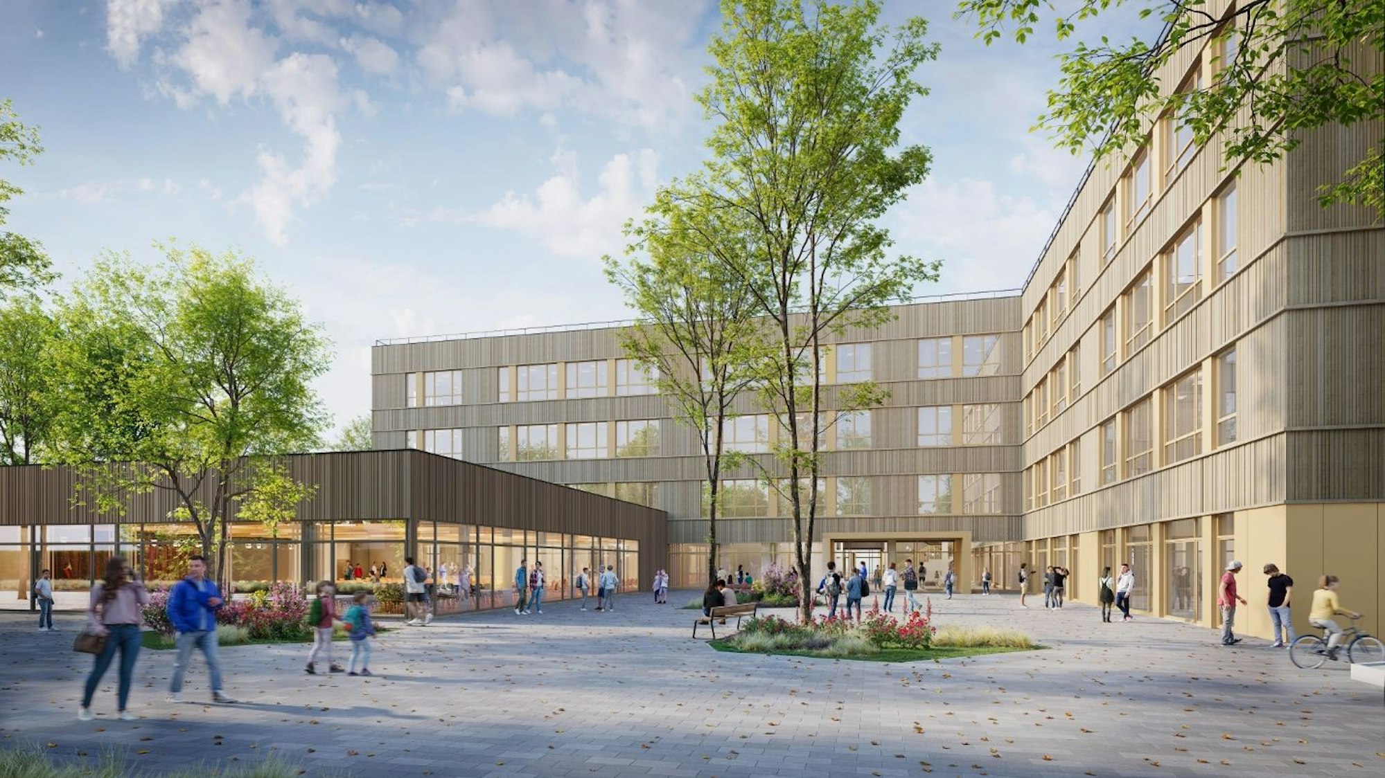 Auf dem Bild ist eine Visualisierung eines neuen Schulgebäudes zu sehen.