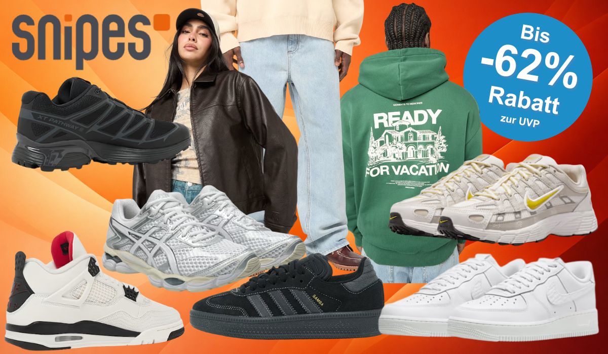 Eine Darstellung von verschiedenen Produkten aus dem SNIPES Sale vor einem orangenen Hintergund.