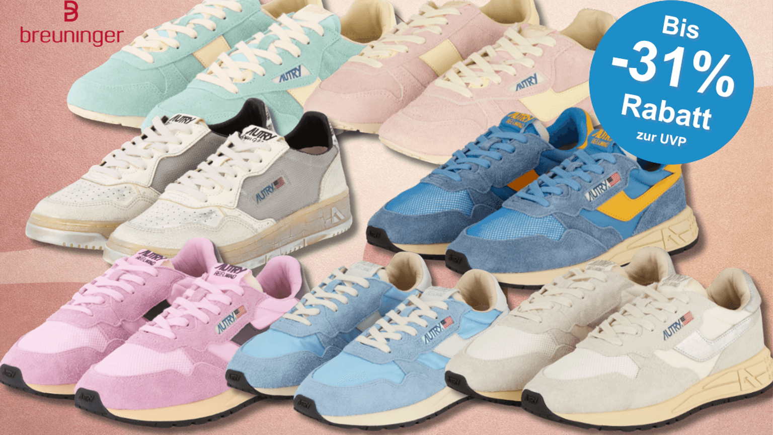 Verschiedene Autry Sneaker Modelle vor einem rosa Hintergrund.