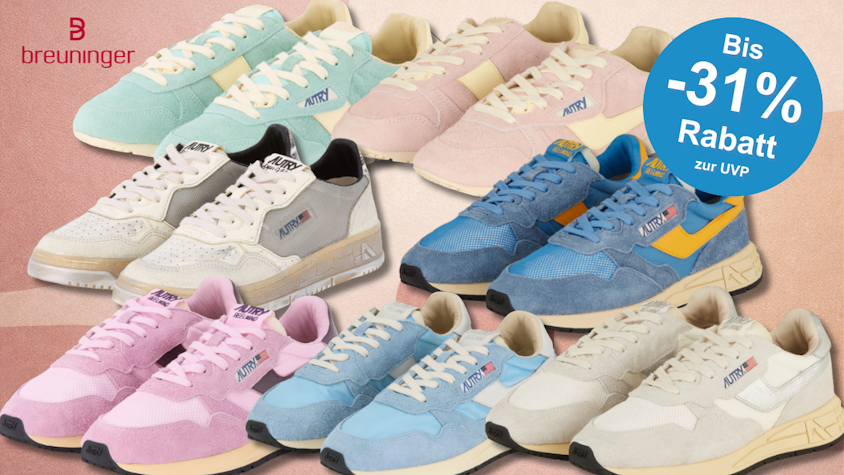 Verschiedene Autry Sneaker Modelle vor einem rosa Hintergrund.