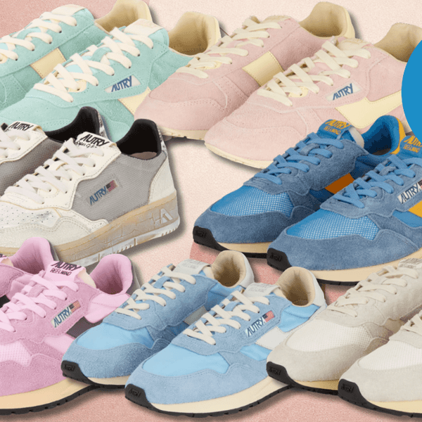 Verschiedene Autry Sneaker Modelle vor einem rosa Hintergrund.