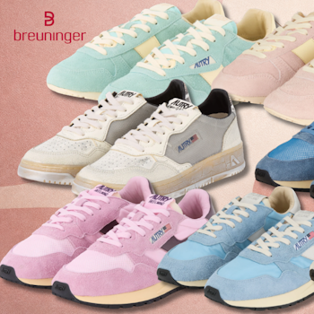 Verschiedene Autry Sneaker Modelle vor einem rosa Hintergrund.