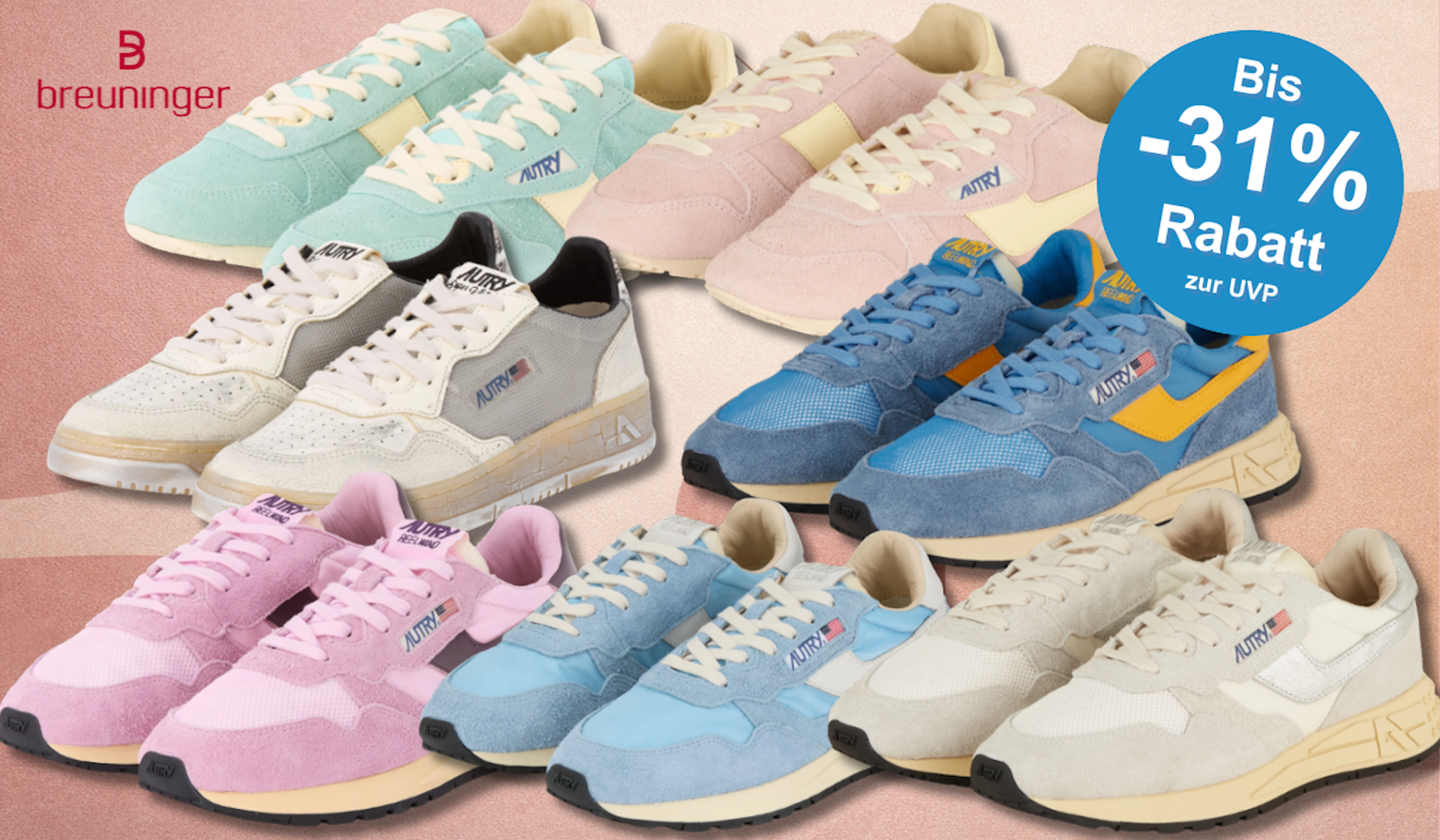Verschiedene Autry Sneaker Modelle vor einem rosa Hintergrund.