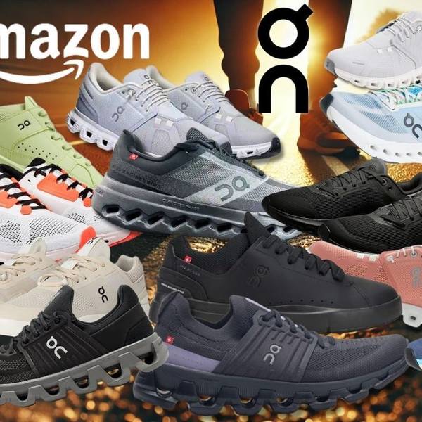 Collage verschiedener On Running Sneaker und Laufschuhe in mehreren Farben (Schwarz, Weiß, Grau, Grün, Rosa, Blau, Beige) vor einem warmen, goldenen Gegenlicht-Hintergrund. Links oben das Amazon-Logo, in der Mitte das On-Running-Logo. Rechts oben blauer Button mit der Aufschrift „Bis -37 % Rabatt zur UVP".