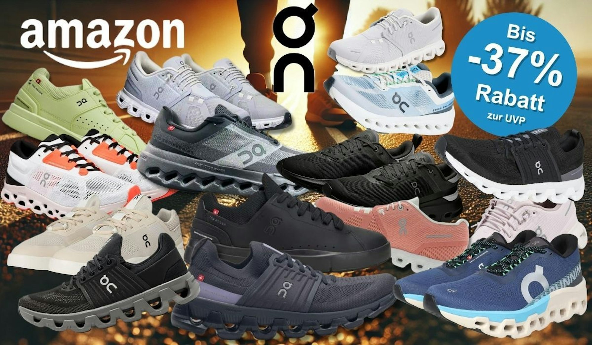 Collage verschiedener On Running Sneaker und Laufschuhe in mehreren Farben (Schwarz, Weiß, Grau, Grün, Rosa, Blau, Beige) vor einem warmen, goldenen Gegenlicht-Hintergrund. Links oben das Amazon-Logo, in der Mitte das On-Running-Logo. Rechts oben blauer Button mit der Aufschrift „Bis -37 % Rabatt zur UVP".