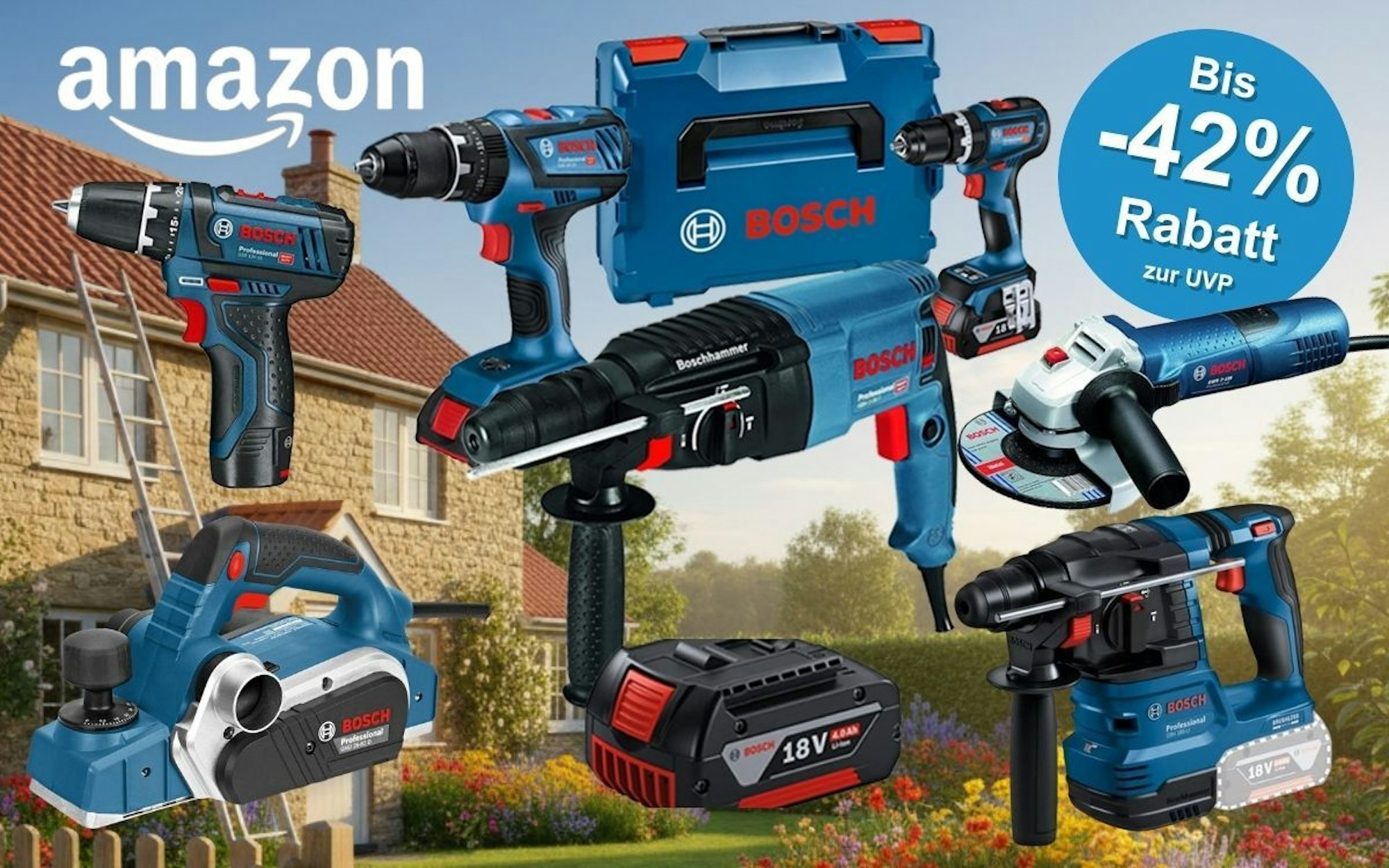 Collage verschiedener blauer Bosch Professional Werkzeuge (Akkubohrer, Bohrhammer, Winkelschleifer, Hobel, Akku-Bohrhammer sowie ein 18V 4,0Ah Akku und ein blauer L-BOXX Werkzeugkoffer) vor einem sommerlichen Haus- und Gartenhintergrund. Links oben das Amazon-Logo. Rechts oben blauer Button mit der Aufschrift „Bis -42 % Rabatt zur UVP".