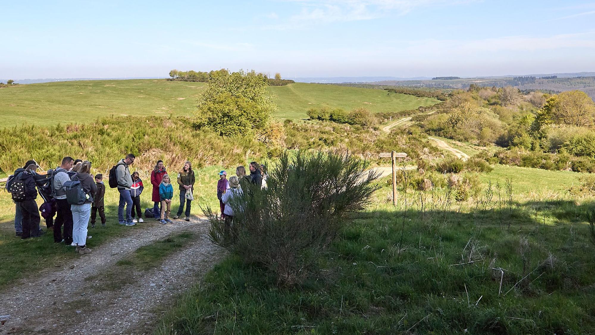 Mehrere Personen einer Besuchergruppe stehen an einem Wanderweg auf der Dreiborner Hochfläche.