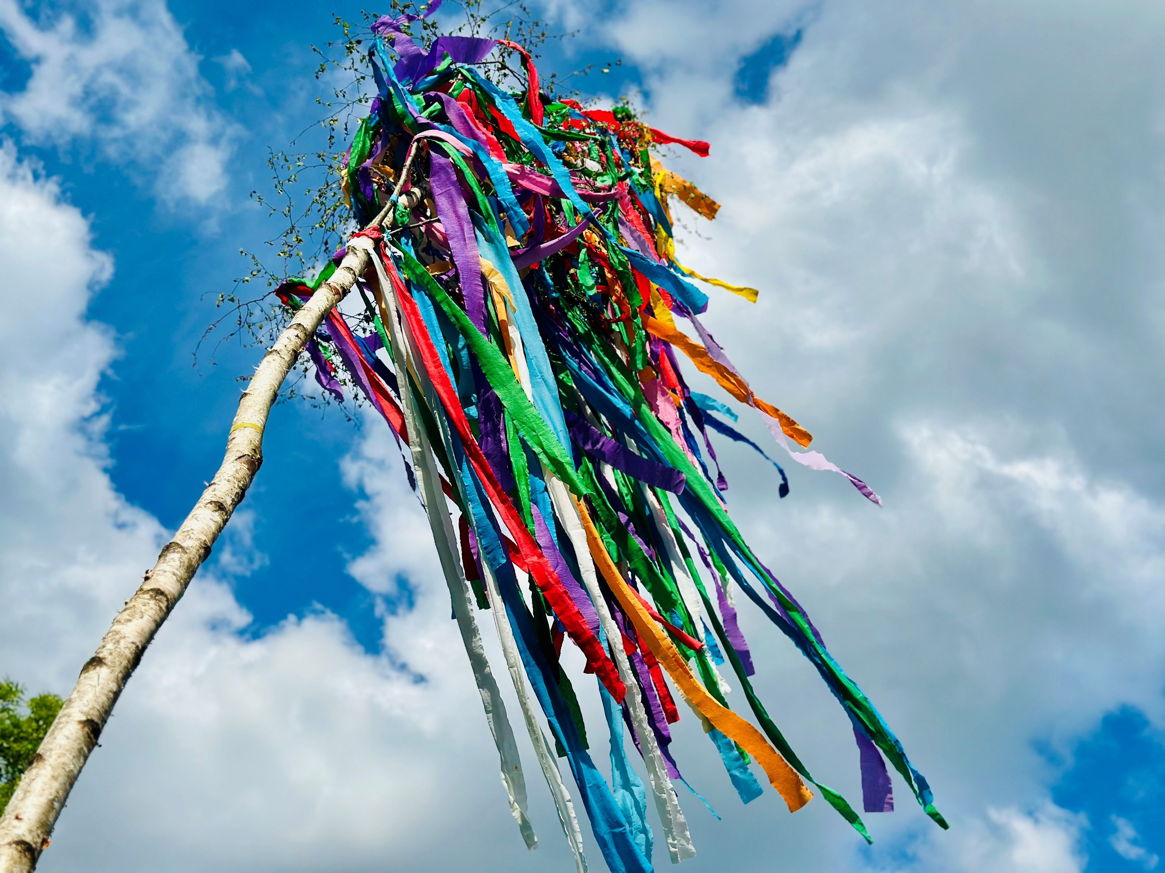 Auf dem Bild ist ein bunt geschmückter Maibaum zu sehen.
