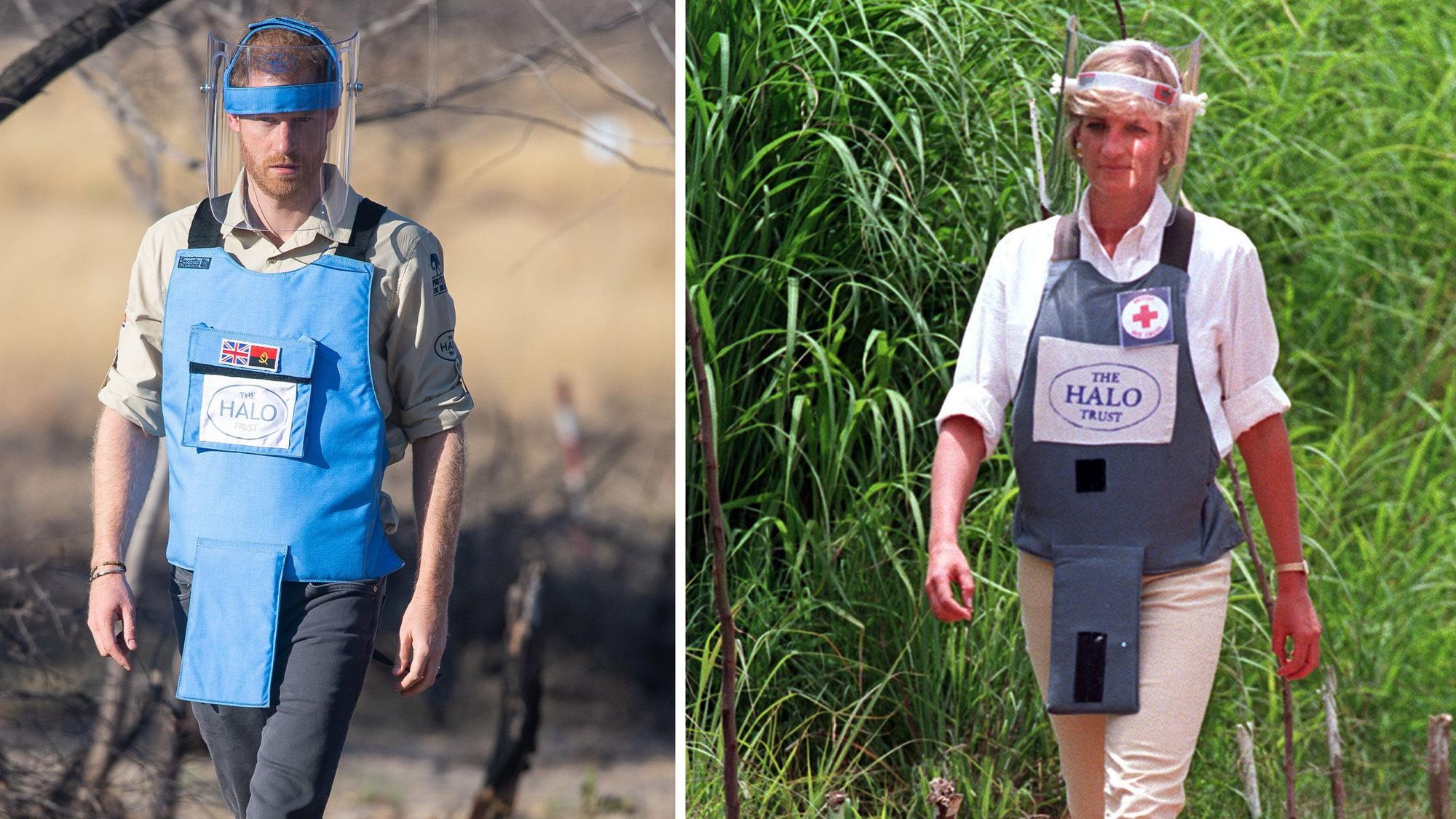 Prinz Harry geht im November 2019 über ein Minenfeld in Dirico, Angola, daneben ein Archivbild vom 15.01.1997 von seiner Mutter Diana, die während ihrer Afrikareise über ein Minenfeld in Huambo, Angola, geht.