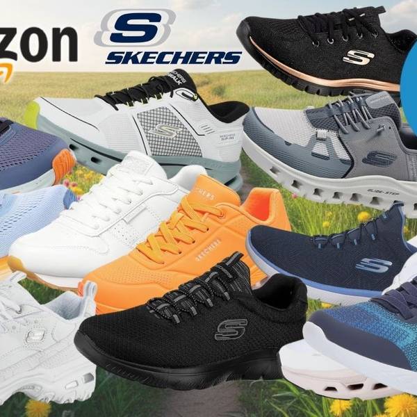 Collage verschiedener Skechers Sneaker in mehreren Farben (Schwarz, Weiß, Orange, Blau, Hellblau, Grau, Grün) vor einem frühlingshaften Hintergrund mit Blumenwiese und blauem Himmel. Links oben das Amazon-Logo, daneben das Skechers-Logo. Rechts oben blauer Button mit der Aufschrift „Bis -49 % Rabatt zur UVP".