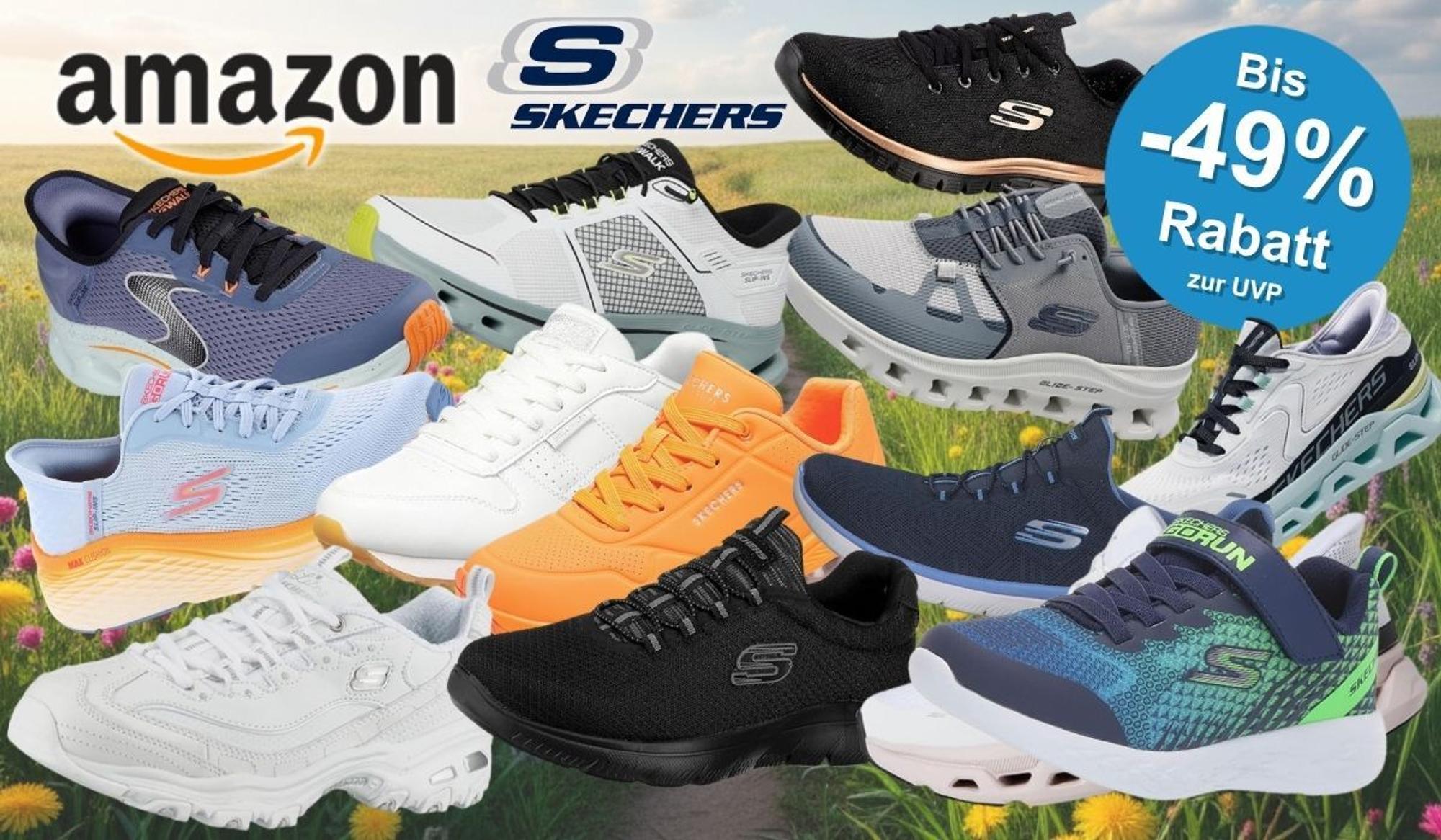 Collage verschiedener Skechers Sneaker in mehreren Farben (Schwarz, Weiß, Orange, Blau, Hellblau, Grau, Grün) vor einem frühlingshaften Hintergrund mit Blumenwiese und blauem Himmel. Links oben das Amazon-Logo, daneben das Skechers-Logo. Rechts oben blauer Button mit der Aufschrift „Bis -49 % Rabatt zur UVP".