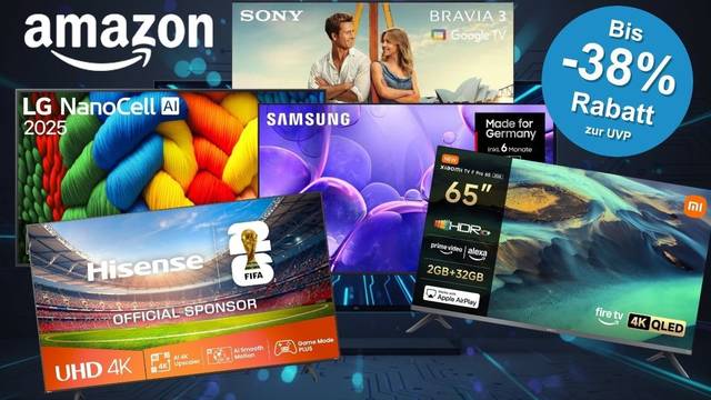 Collage mehrerer Smart-TVs verschiedener Hersteller – darunter Sony Bravia mit Google TV, LG NanoCell AI 2025, Samsung, Hisense UHD 4K und Xiaomi TV F Pro – vor einem dunkelblauen, technisch gestalteten Hintergrund mit dem Amazon-Logo und einem blauen Störer mit der Aufschrift „Bis -38% Rabatt zur UVP".