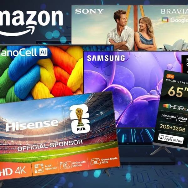 Collage mehrerer Smart-TVs verschiedener Hersteller – darunter Sony Bravia mit Google TV, LG NanoCell AI 2025, Samsung, Hisense UHD 4K und Xiaomi TV F Pro – vor einem dunkelblauen, technisch gestalteten Hintergrund mit dem Amazon-Logo und einem blauen Störer mit der Aufschrift „Bis -38% Rabatt zur UVP".