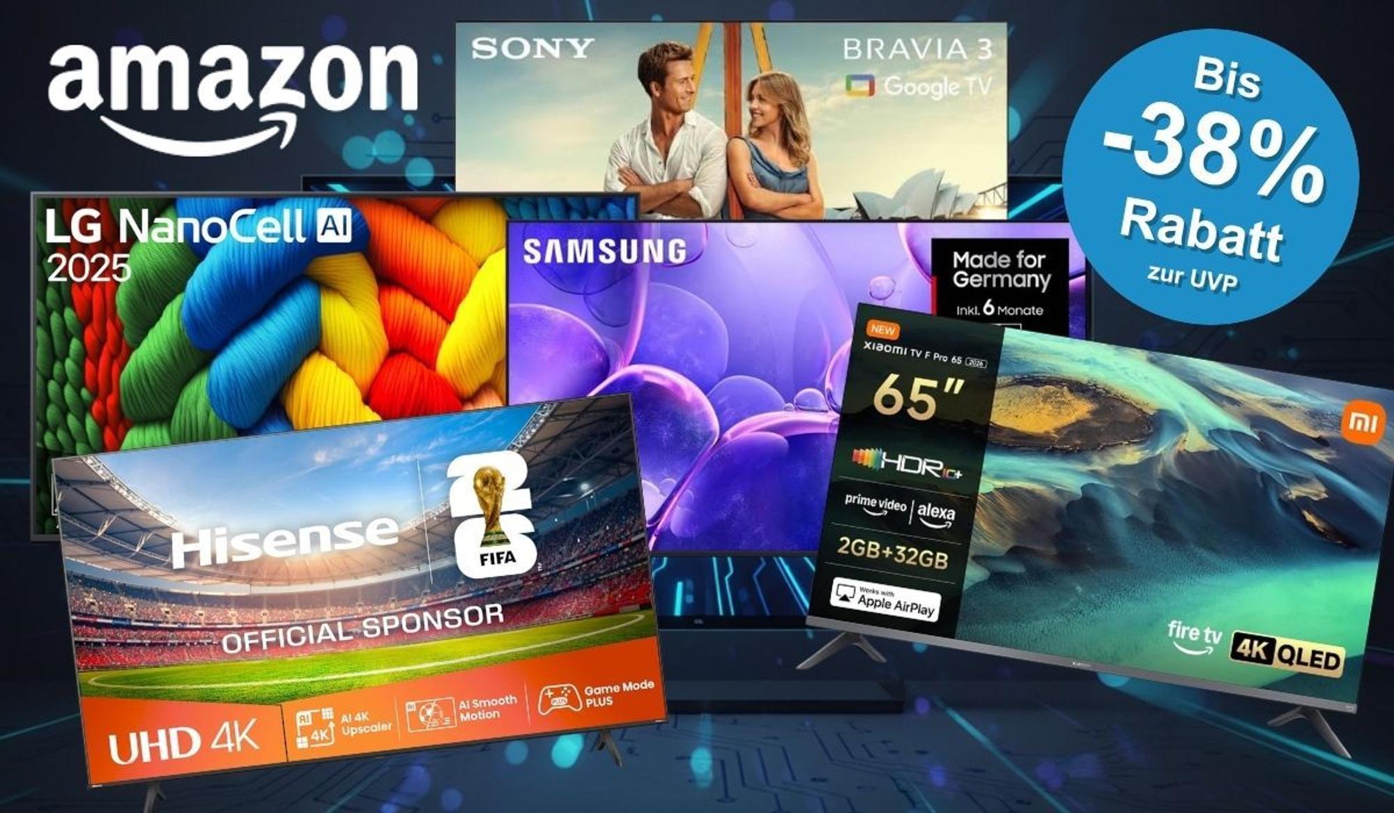 Collage mehrerer Smart-TVs verschiedener Hersteller – darunter Sony Bravia mit Google TV, LG NanoCell AI 2025, Samsung, Hisense UHD 4K und Xiaomi TV F Pro – vor einem dunkelblauen, technisch gestalteten Hintergrund mit dem Amazon-Logo und einem blauen Störer mit der Aufschrift „Bis -38% Rabatt zur UVP".