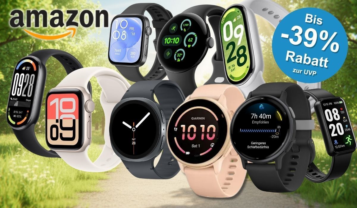 Collage mehrerer Smartwatches verschiedener Marken – darunter Apple, Samsung, Google Pixel, Garmin und Huawei – vor einem hellen, grünen Hintergrund. Ein blaues Störer-Element weist auf Rabatte von bis zu 39 Prozent zur UVP im Amazon-Sale hin.