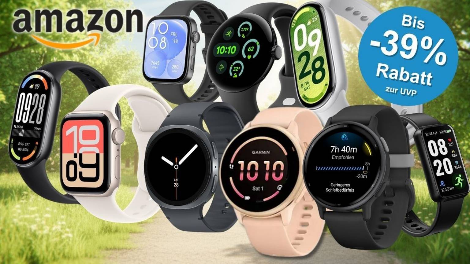 Collage mehrerer Smartwatches verschiedener Marken – darunter Apple, Samsung, Google Pixel, Garmin und Huawei – vor einem hellen, grünen Hintergrund. Ein blaues Störer-Element weist auf Rabatte von bis zu 39 Prozent zur UVP im Amazon-Sale hin.