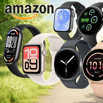 Collage mehrerer Smartwatches verschiedener Marken – darunter Apple, Samsung, Google Pixel, Garmin und Huawei – vor einem hellen, grünen Hintergrund. Ein blaues Störer-Element weist auf Rabatte von bis zu 39 Prozent zur UVP im Amazon-Sale hin.