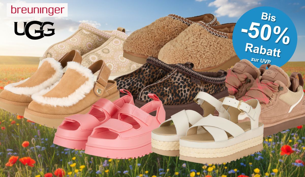 Auf der Collage auf einem Frühlingshaften Hintergrund sind ganz viele UGG Modelle/ Varianten zu sehen, die aktuell im Sale sind.
