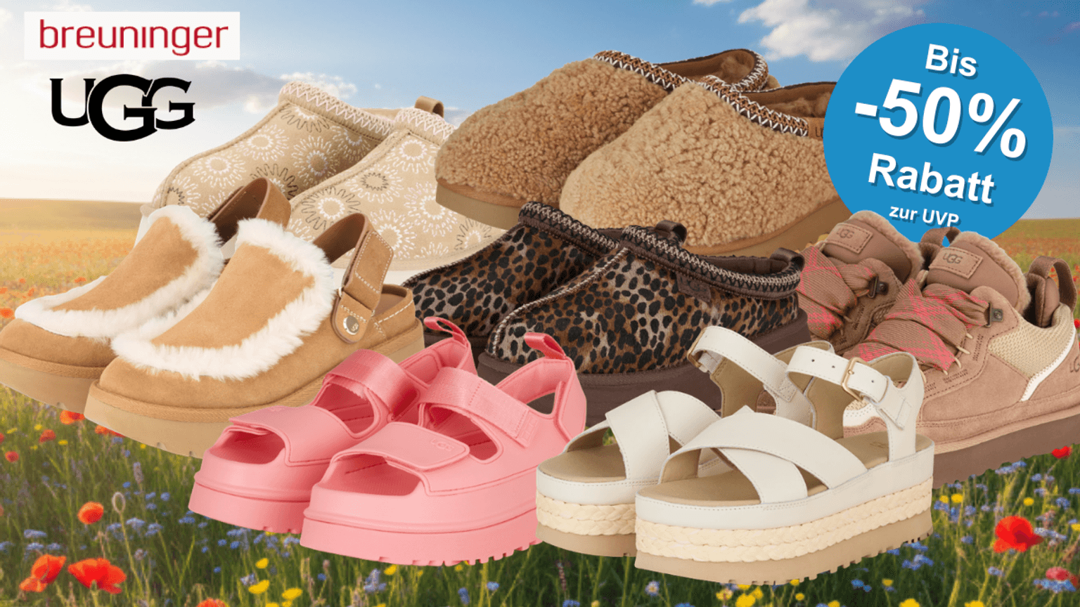 Auf der Collage auf einem Frühlingshaften Hintergrund sind ganz viele UGG Modelle/ Varianten zu sehen, die aktuell im Sale sind.