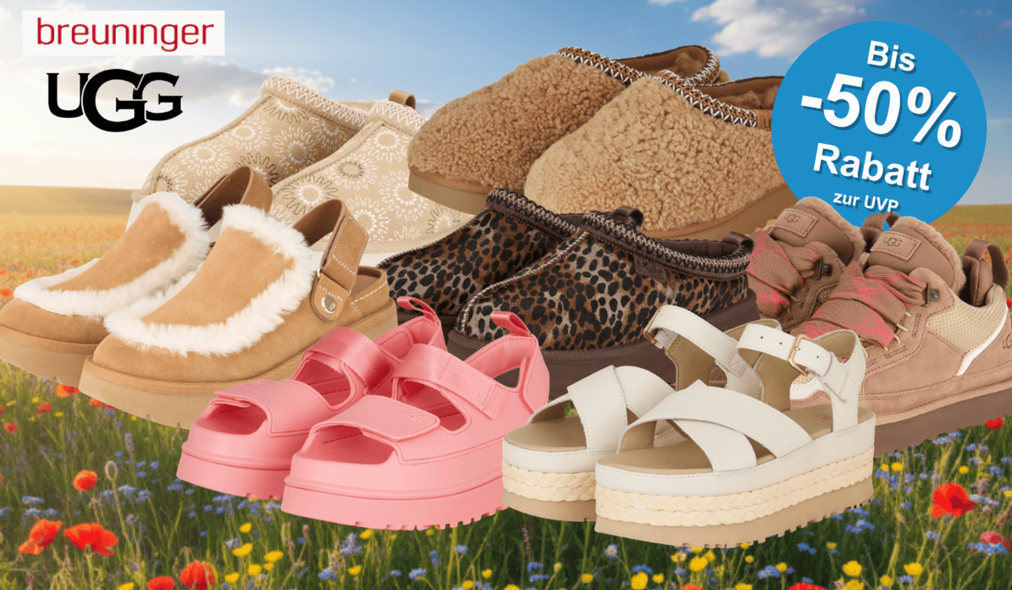 Auf der Collage auf einem Frühlingshaften Hintergrund sind ganz viele UGG Modelle/ Varianten zu sehen, die aktuell im Sale sind.