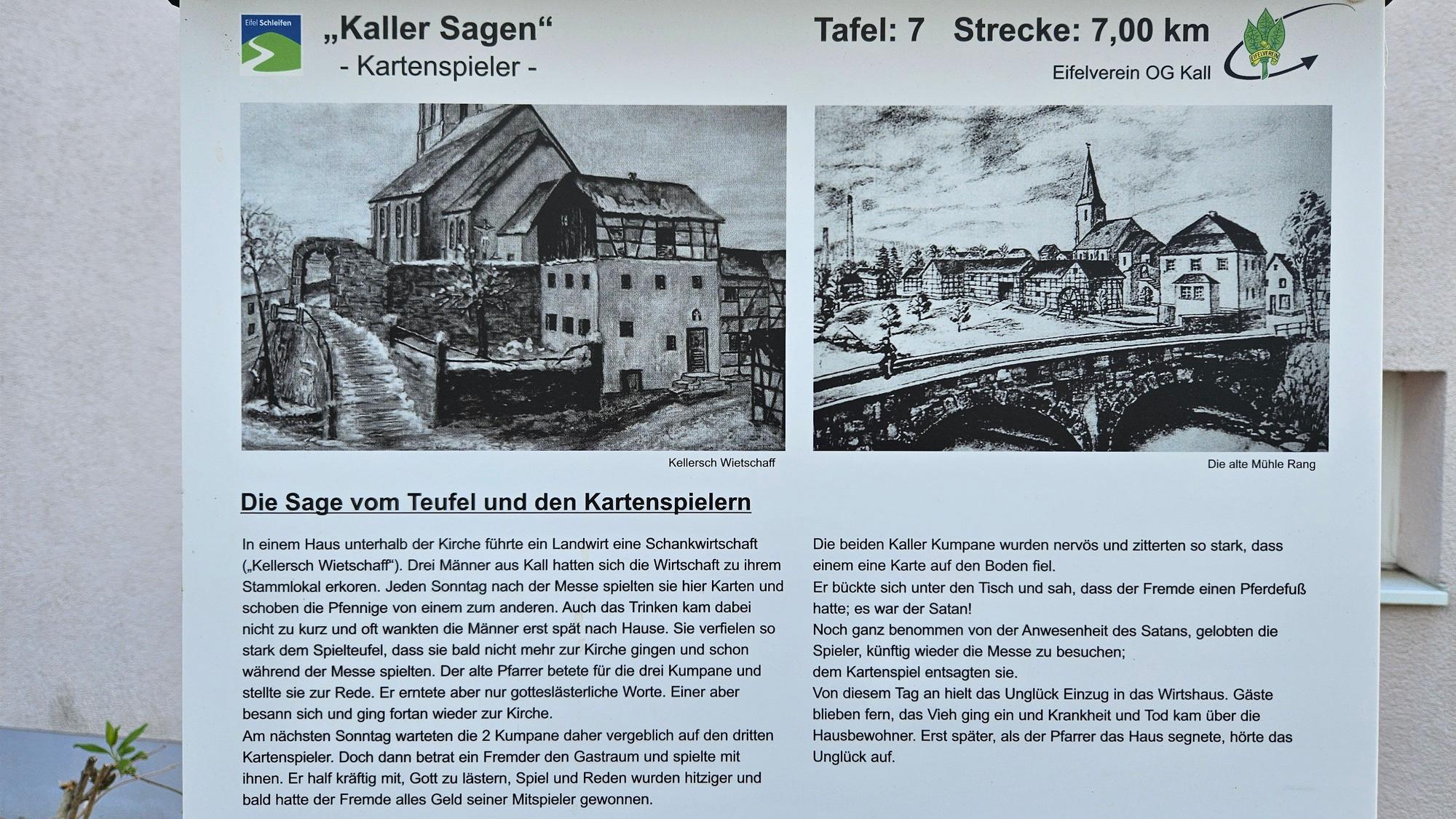 Blick auf die Tafel mit dem Text zur Sage und zwei Zeichnungen.