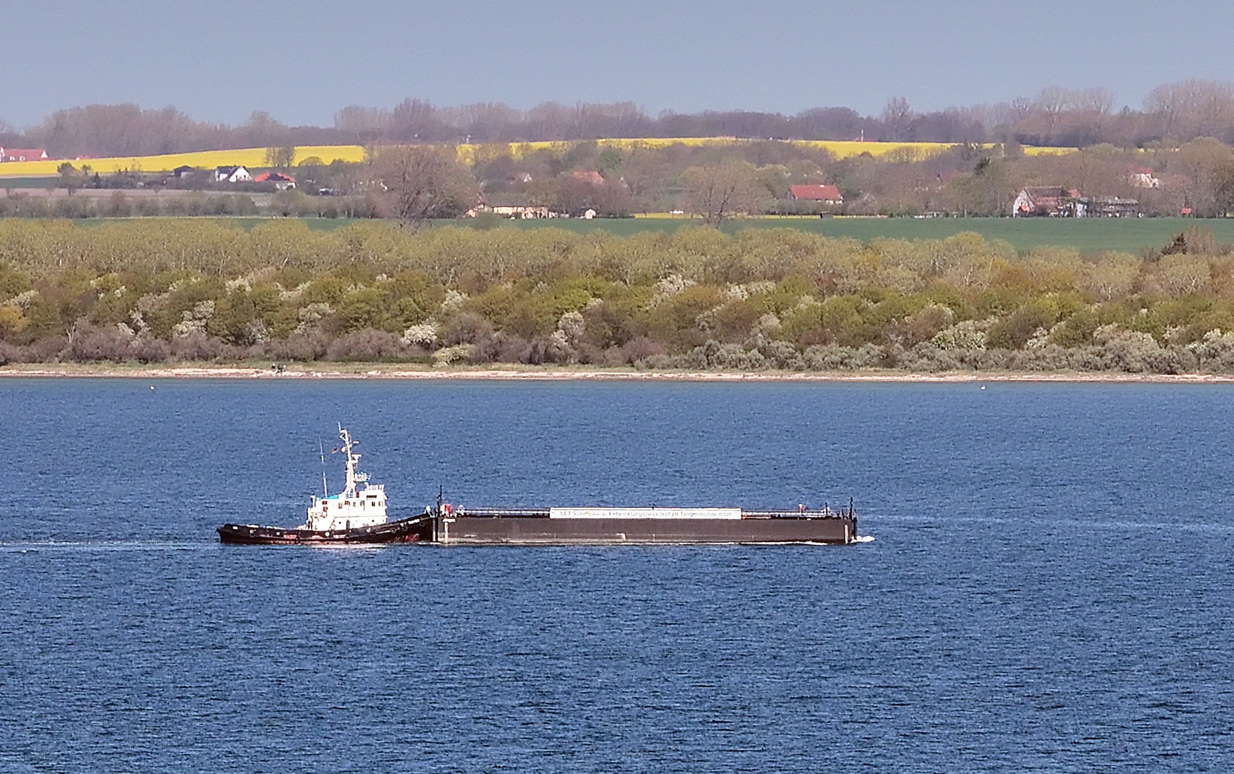 Das Schubschiff „Hans“ mit dem Lastkahn steht für die Rettung des gestrandeten Buckelwals „Timmy“ bereit.