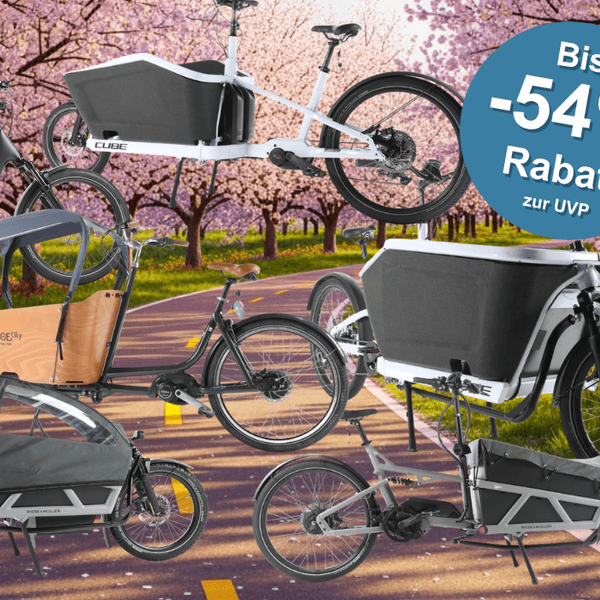 Auf dem Bild ist eine Collage zu sehen, die diverse Lastenräder zeigt, die sich aktuell im Sale befinden.