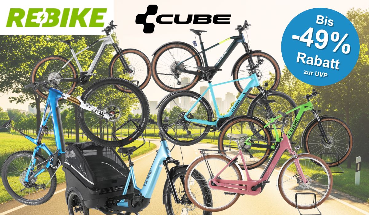 Auf dem Bild befindet sich eine Collage aus E-Bike Fahrrädern der Marke Cube.