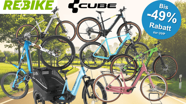 E-Bikes und Fahrräder der Marke Cube vor dem Hintergrund einer sonnigen Landstraße.